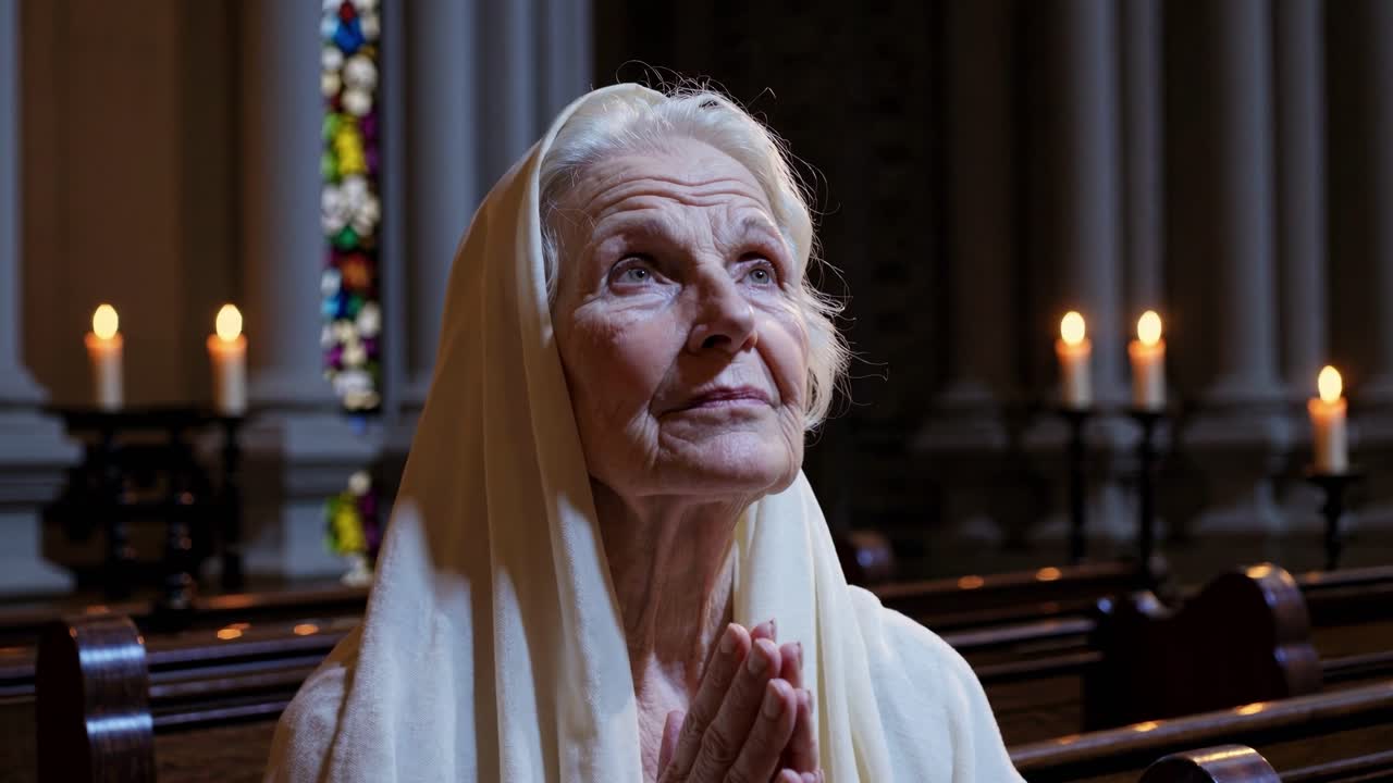 En rolig, ældre kvinde beder i en svagt oplyst kirke med blødt lys fra stearinlys.