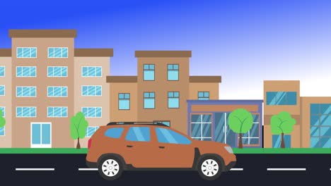 viajes en coche por la ciudad vista lateral, animación en bucle, fondo de diseño plano