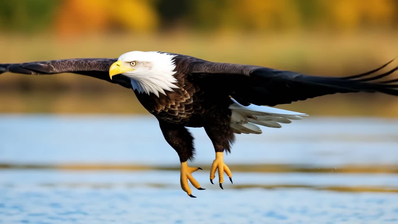 Dynamic video still of a bald eagle swooping low over water, captured in a side angle