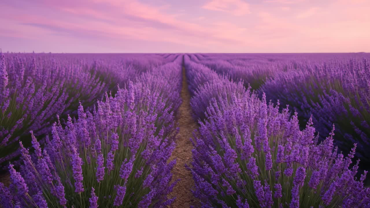 A mesmerizing video scene of a lavender field at sunset, captured from a low angle