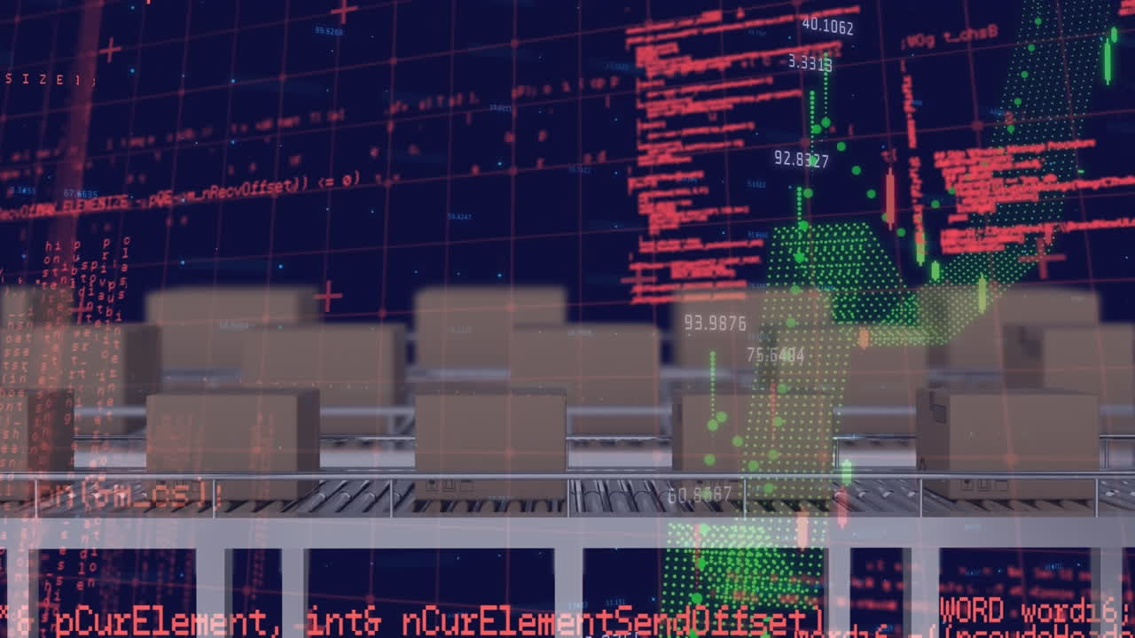 컨베이어 벨트에 있는 상자 위에서 금융 데이터 처리의 애니메이션
