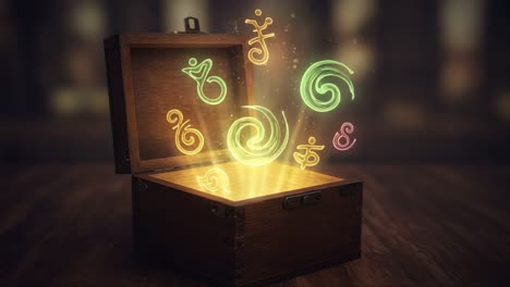 an enchanting treasure chest unveils mystical symbols and whimsical lights, capturing the essence of magical exploration and discovery in a glowing adventure