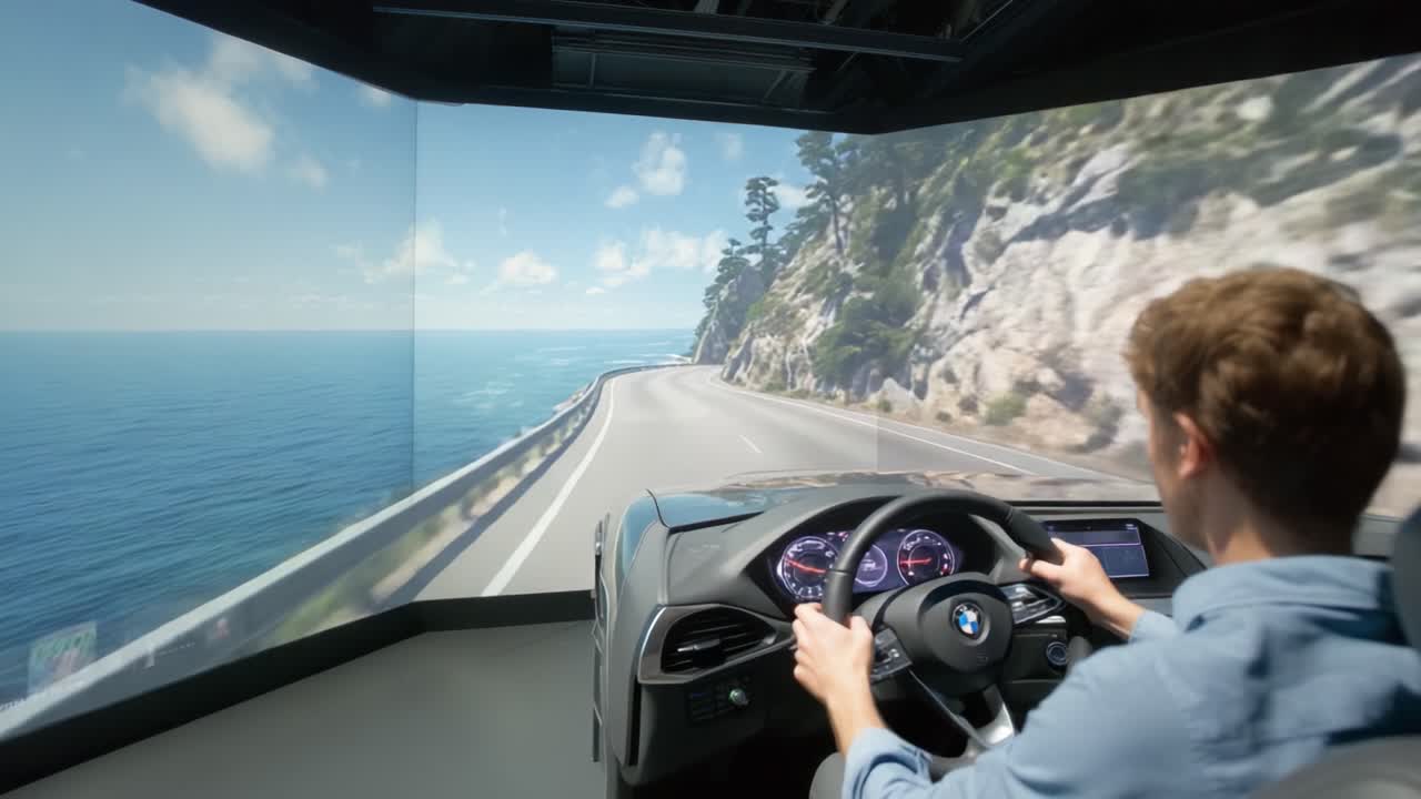 Immersive Driving Experience in a Simulator Featuring Scenic Coastal Roads with Realistic Visuals and Advanced Technology for Enhanced Learning and Skill Development in a Controlled Environment