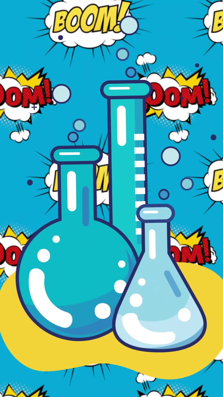 Animation of vials and comic boom icons on blue background