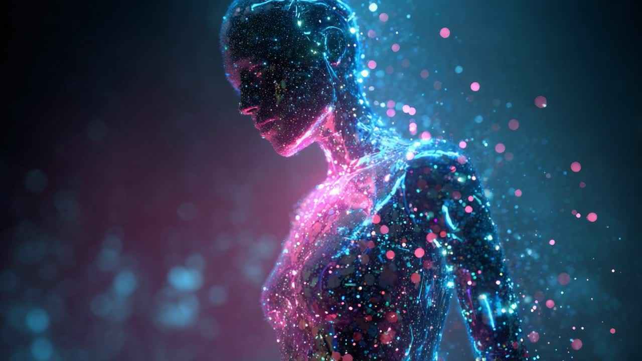 Digital humanoid composed of glowing blue and pink particles slowly disintegrating against a dark background, representing concepts of artificial intelligence, soul, and the metaverse