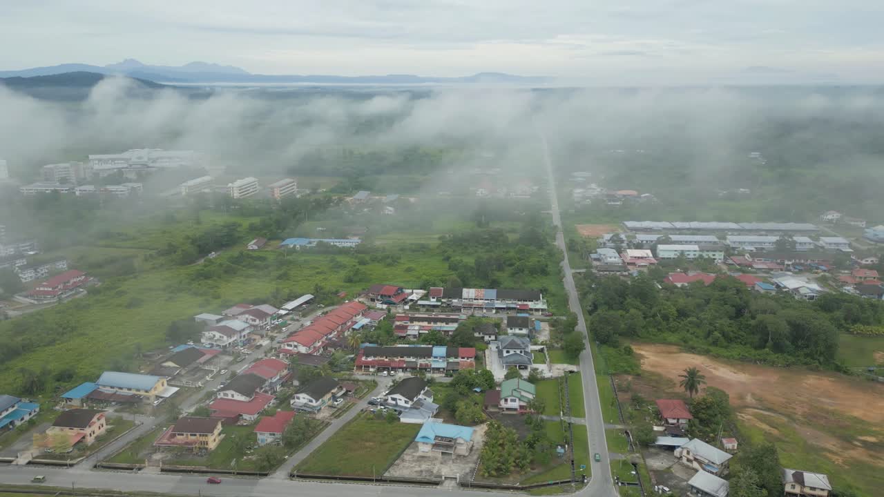 Foggy Morning Beautiful Drone View Of Sri Aman Town At Batang Lupar River, During Regatta And Pesta Benak,Sarawak, Borneo.