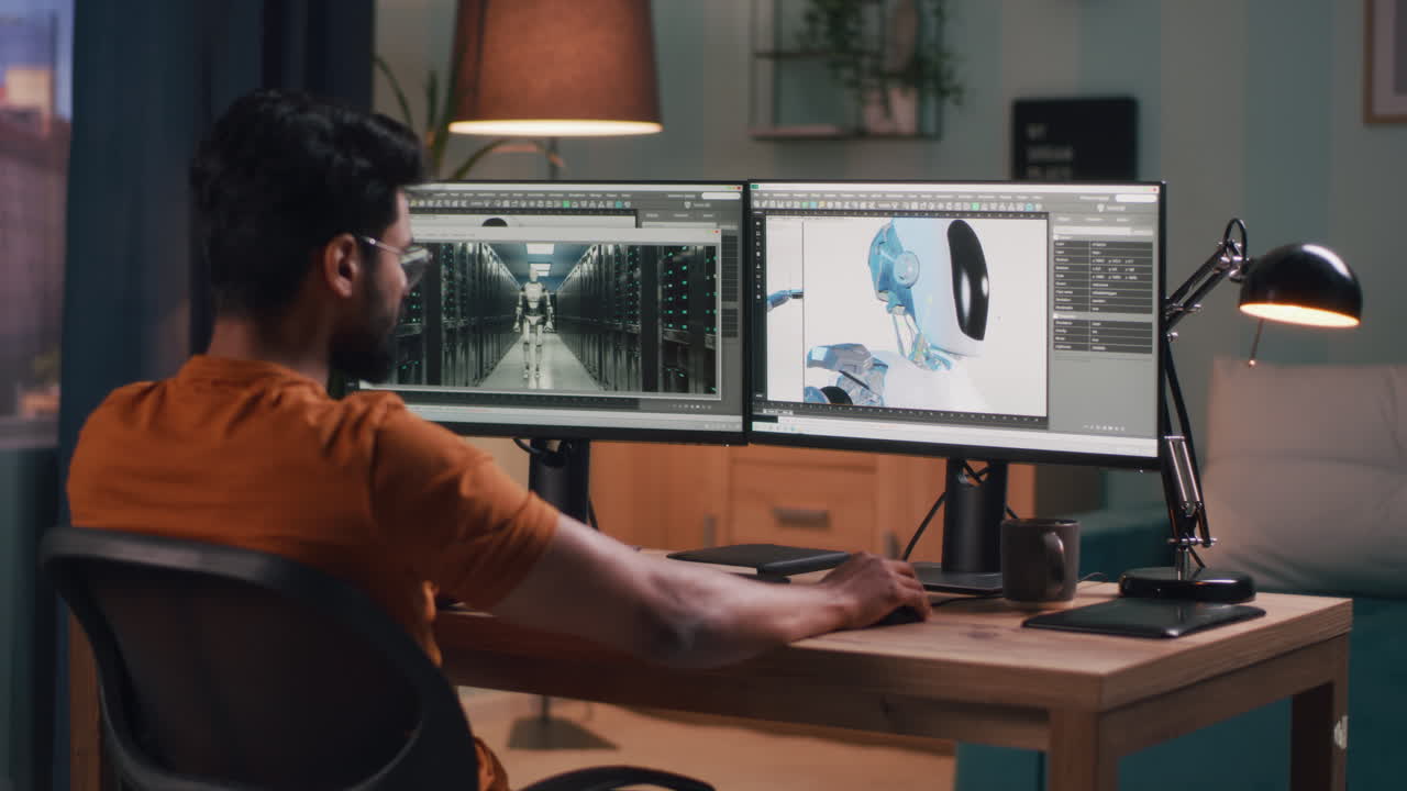 Man working on computer with 3D model of a robot