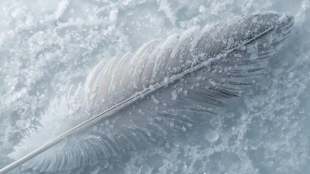 Piuma pallida a riposo che mostra le barbe mentre la luce e la messa a fuoco si spostano sulla brina compatta con perle di ghiaccio