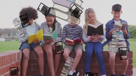 Animation-of-books-falling-over-diverse-pupils-with-notebooks