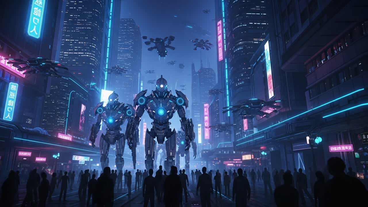 Futuristic Cyber City Scene Featuring Giant Robots and Drones Surrounded by Crowds, Illustrating a High-tech, Neon-lit Urban Environment