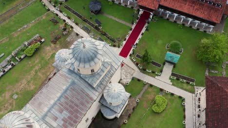 old orthodox monastery dome roof of mileseva in serbia - aerial top view