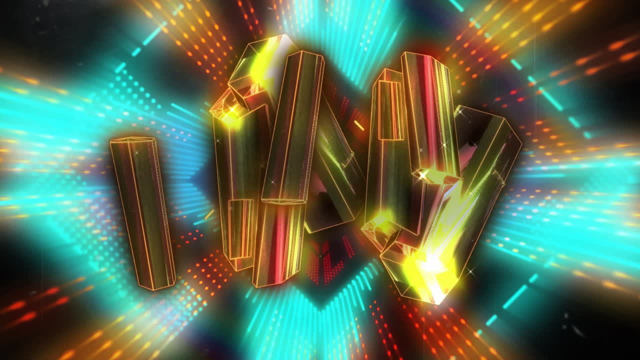 Animation of glowing gold blocks spinning over neon shapes moving on black background