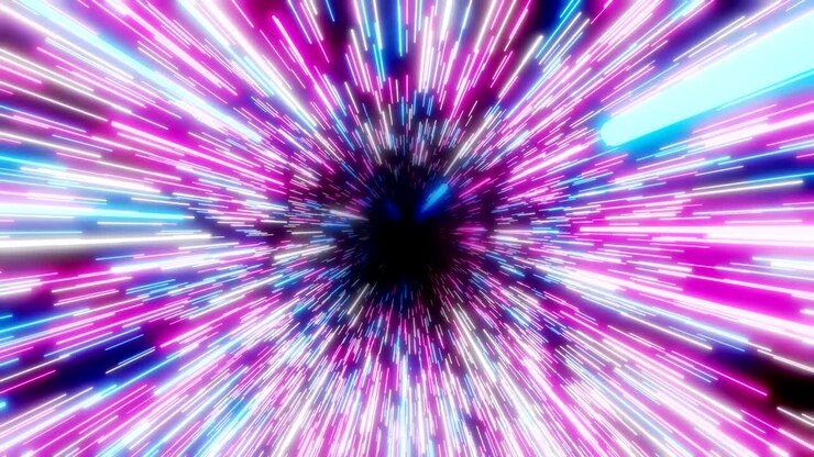 Abstract hyperspace background. Speed of light, neon glowing rays in motion. Moving through stars. 4k Seamless loop