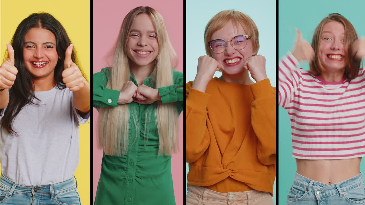 Collage of smiling happy people women girls celebrate success victory winning lottery jackpot game