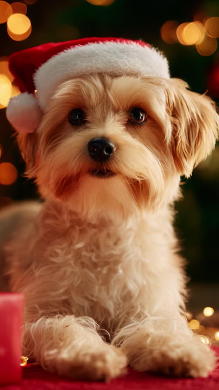 Adorable Dog in Santa Hat Surrounded by Holiday Lights and Festive Decorations, Capturing the Joy and Spirit of Christmas in a Heartwarming Scene Full of Cheer and Love