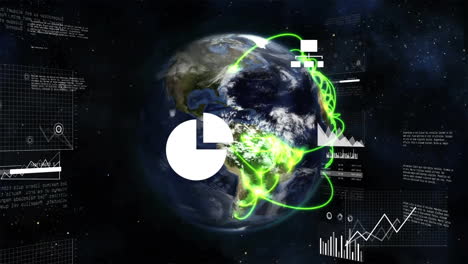 Animation-of-media-icons,-charts-and-processing-data-over-globe-and-glowing-green-network-in-space