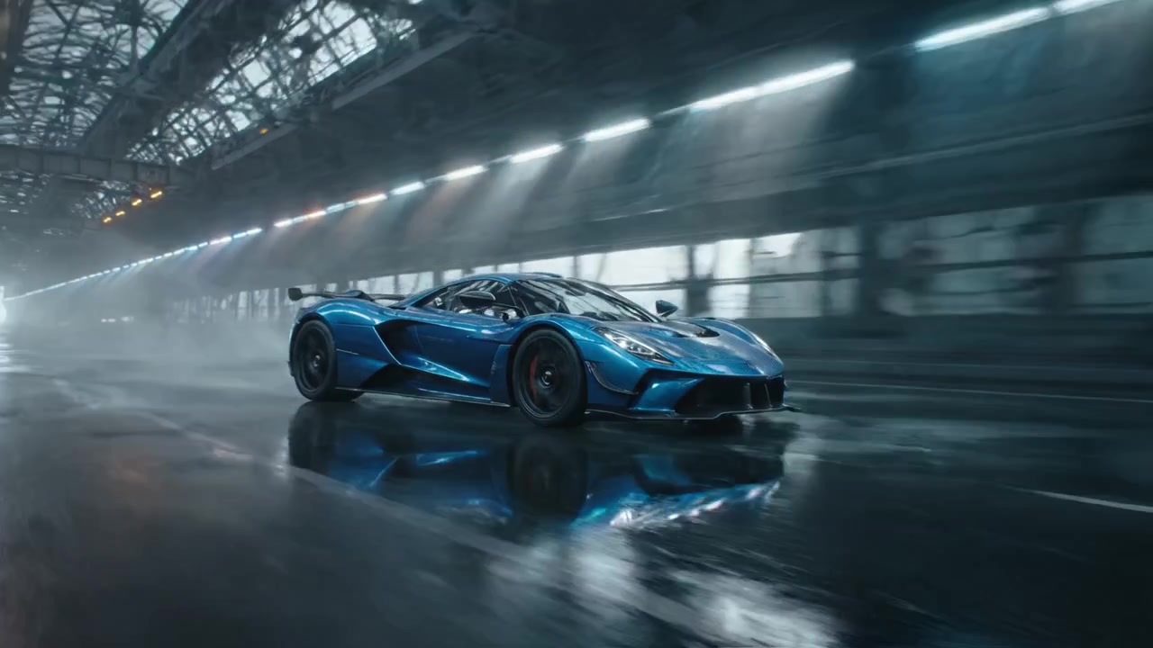 Velocità dinamica: una supercar blu mozzafiato sfreccia attraverso uno spazio industriale bagnato dalla pioggia, evidenziando il suo design elegante e le sue notevoli prestazioni in movimento.