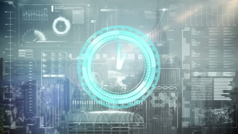 animation of clock over digital interface over cityscape