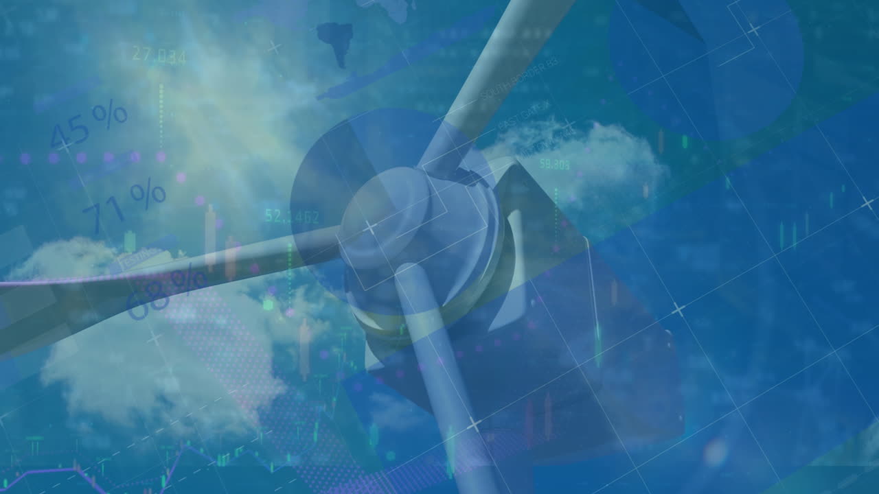 흐린 하늘에 대해 회전하는 풍차에 대한 인포그래픽 인터페이스의 애니메이션