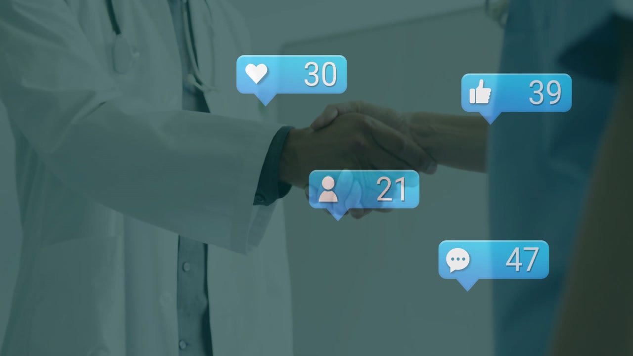 Doctor and colleague shaking hands in clinic, spawning animated engagement icons tracking growth