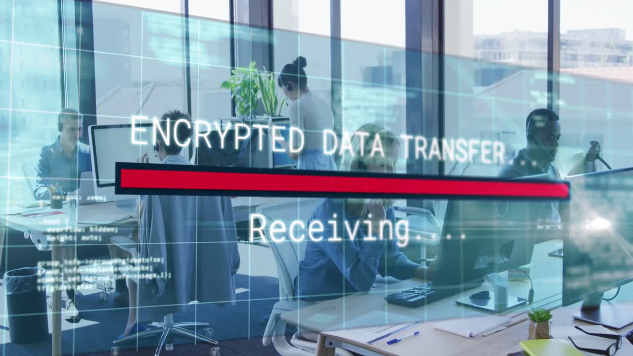 animación del procesamiento de datos sobre diversas personas de negocios que usan auriculares telefónicos