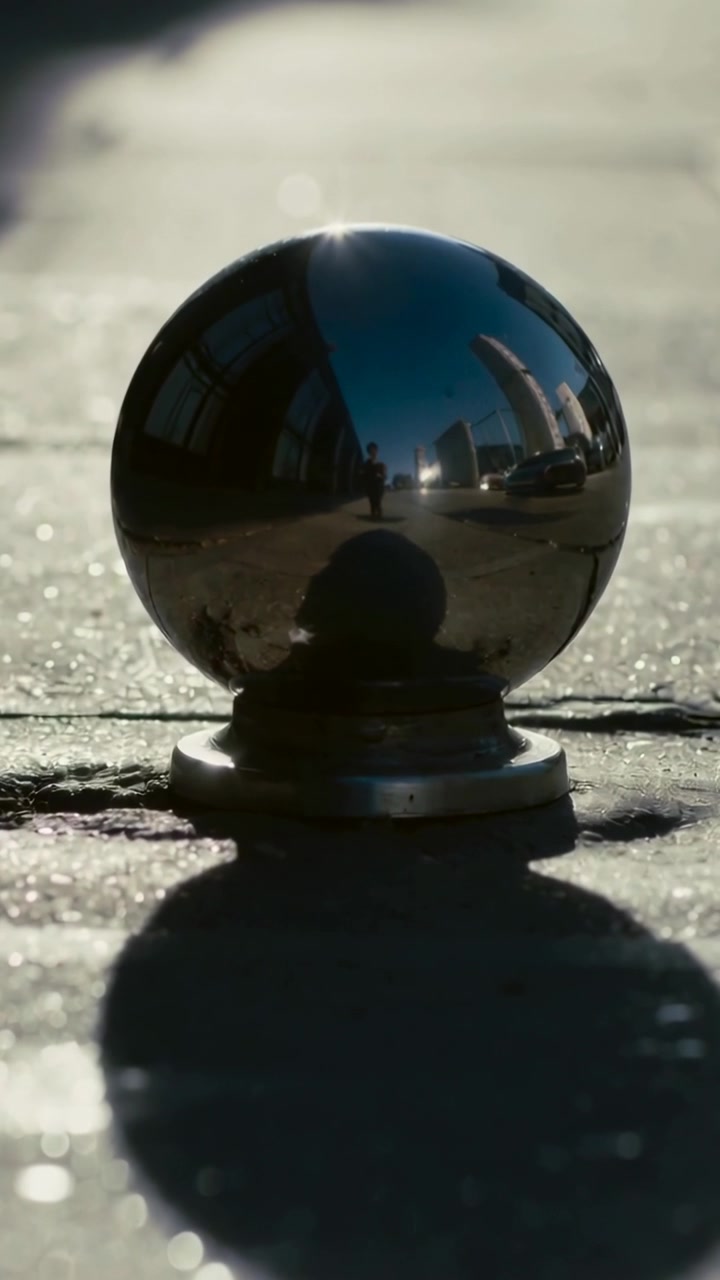 Vertical video: Stepping person in dark clothing causing reflection shifting on metal sphere, sun