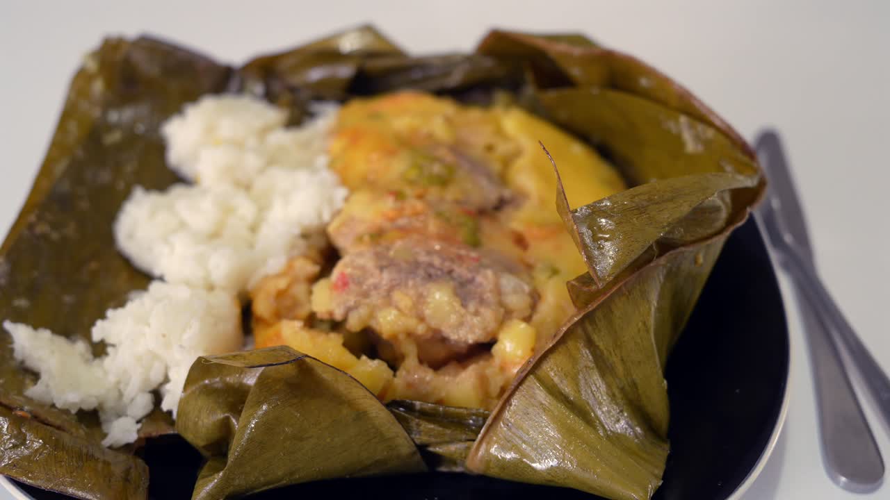 Colombian Food Tamal With Rice Close Up View Isolated