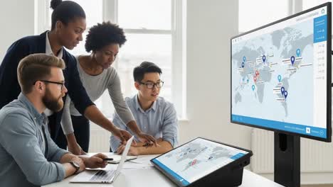 collaboration in action: a diverse team analyzing data on a large screen display in a bright office environment to make strategic decisions