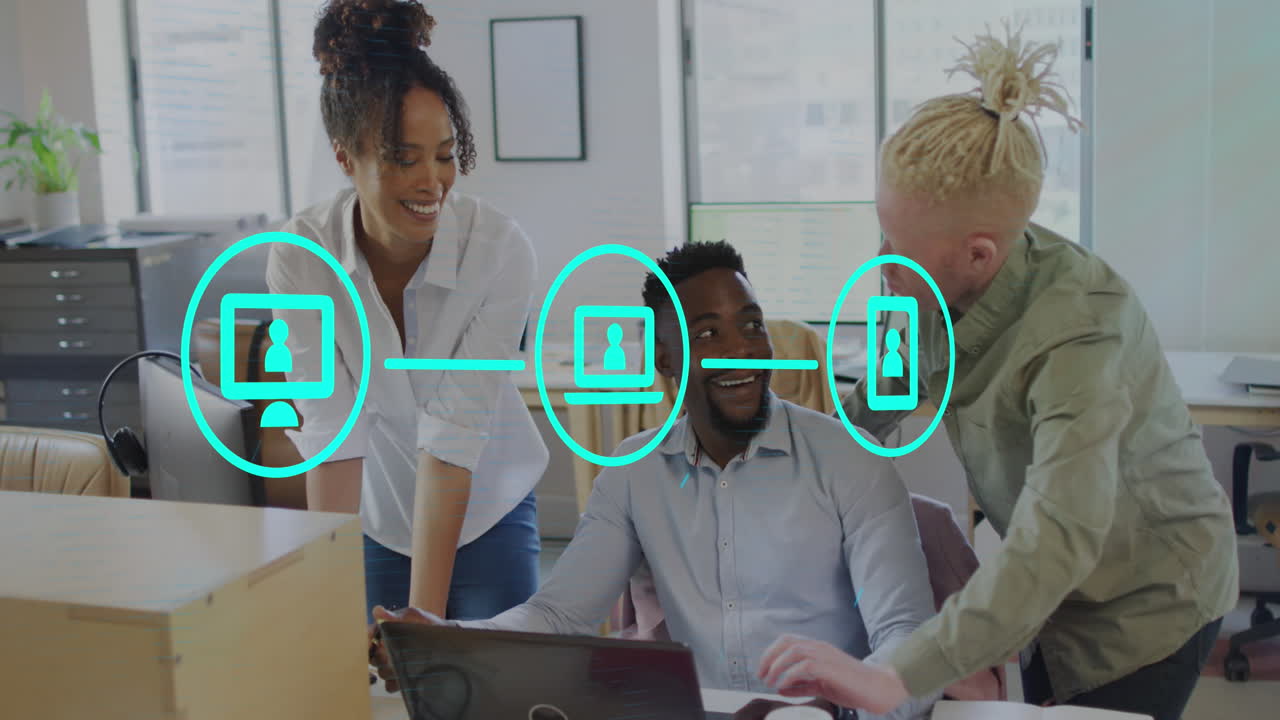 Animation of icons and data processing over diverse business people in office