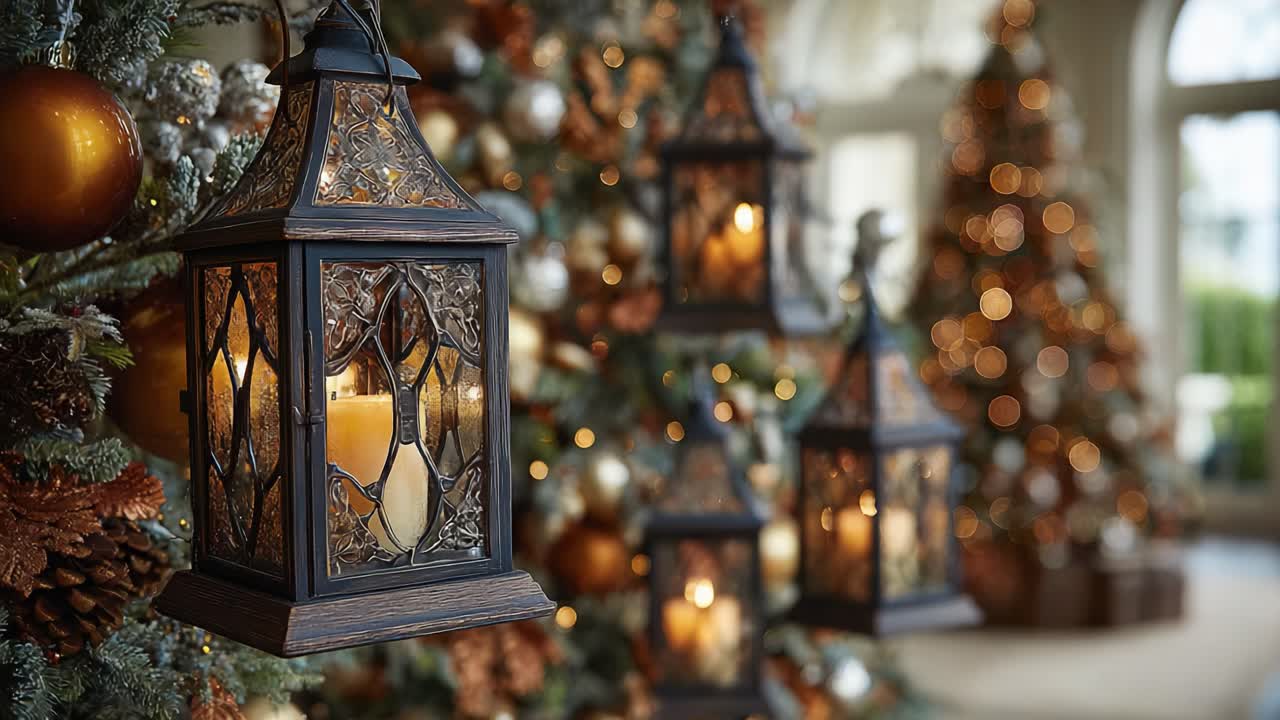 Elegante lanterner oplyser en festlig scene med juletræer og ornamenter, og skaber en varm og indbydende atmosfære til julehøjtiden