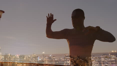 animación del paisaje urbano sobre un hombre afroamericano que hace ejercicio