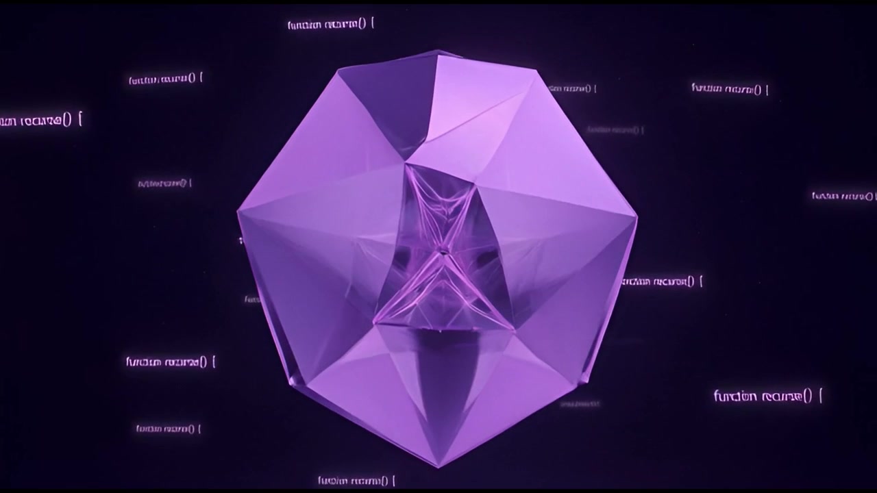 Abstrakt lilla geometrisk form med rekursiv digital tunnel og kode