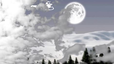 animation of santa claus in sleigh with reindeer over clouds and moon