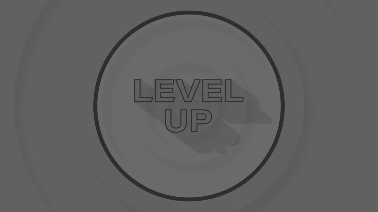 회색 배경의 원 위에 검은색 원의 윤 ⁇ 으로 레벨 업 텍스트의 애니메이션