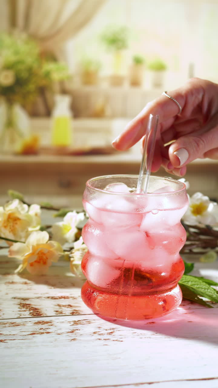 Hand stirs a bubble-shaped glass of pink iced fruit tea sweetened with syrup. the camera smoothly tilts downward, revealing condensation, dried blossoms on rustic whitewashed table bathed in sunlight