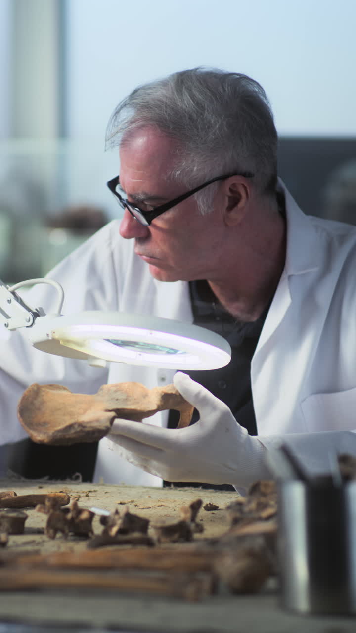 arqueólogo examinando fragmentos de huesos antiguos