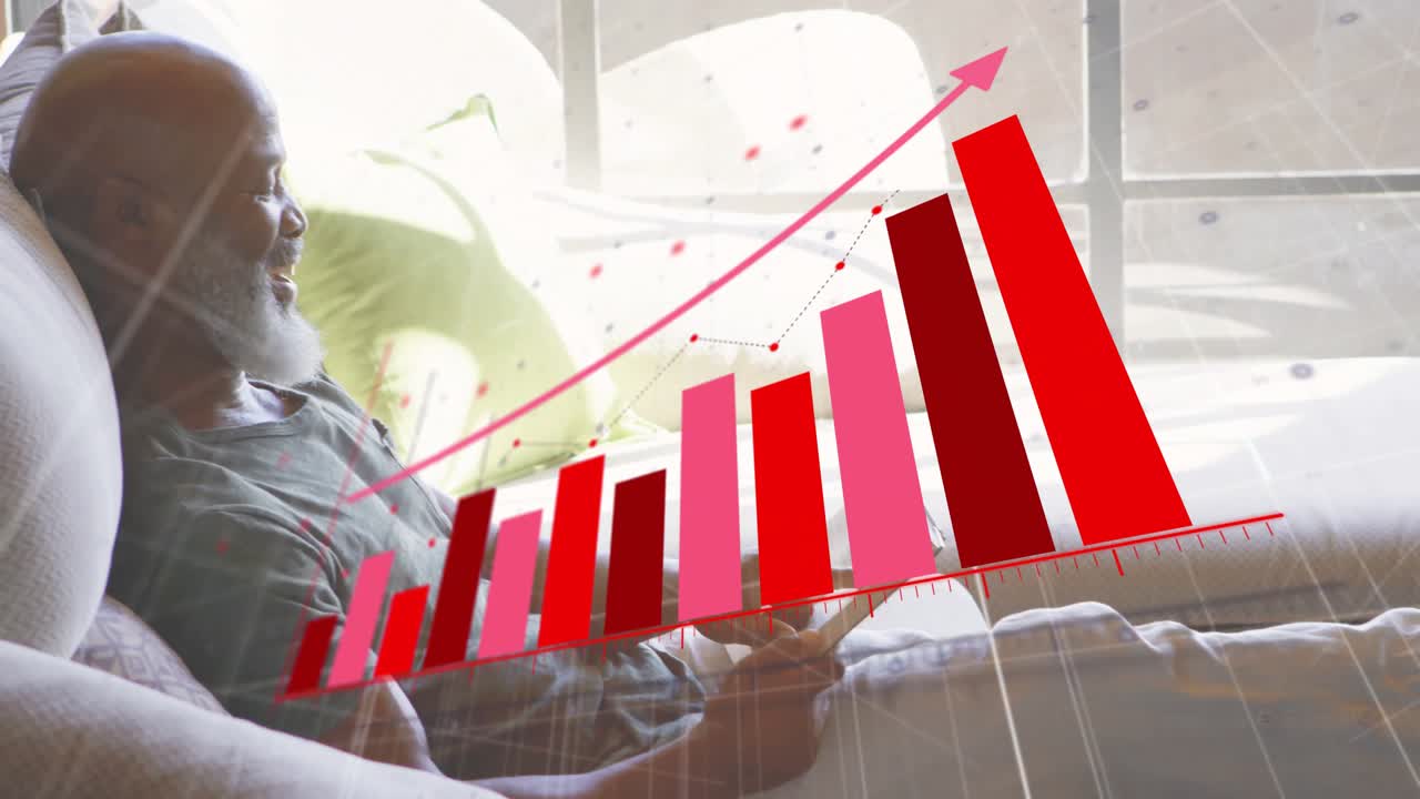 Man on sofa tapping tablet screen plotting animated red pink bar chart for business data analysis