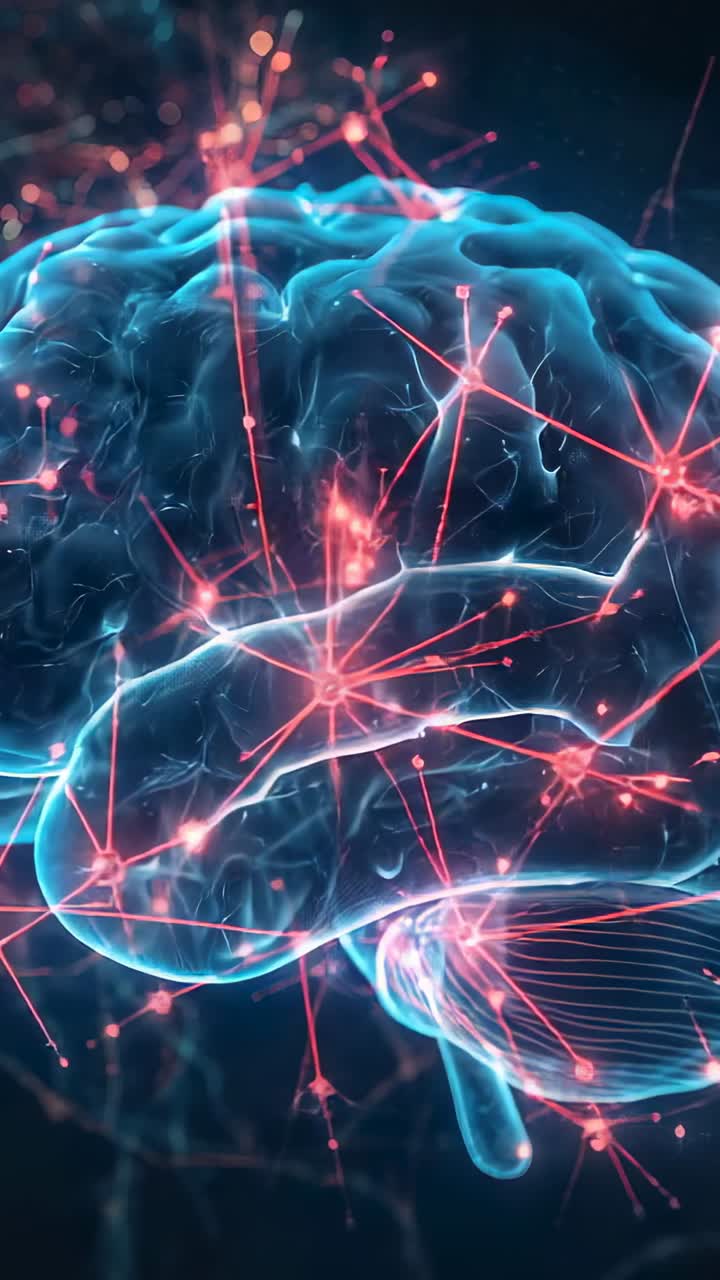Vertical video: Animating 3D brain on start pulsing red nodes on dark grid, simulating connectivity