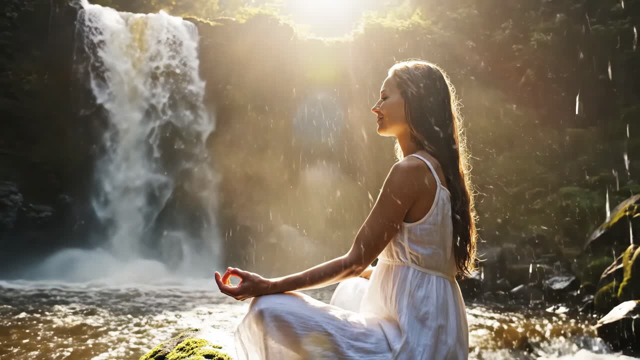 Woman Meditating by Waterfall