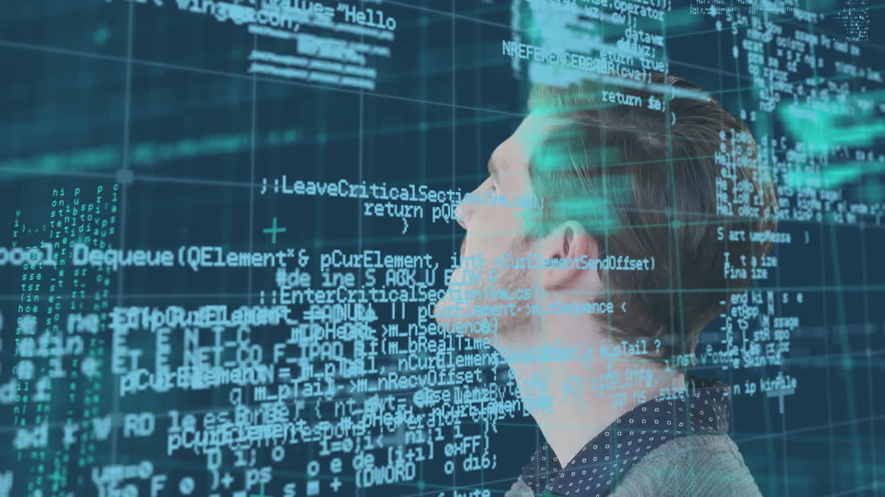 animación de la interfaz con la cuadrícula digital azul y el procesamiento de datos sobre el hombre caucásico confundido