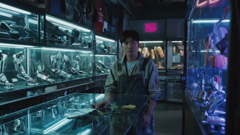 cyberpunk workshop with robot parts