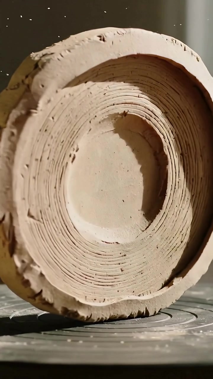 Video verticale: Disco di ceramica tornito che ruota su un piatto girevole in studio, rivelando un bordo scheggiato e polvere.