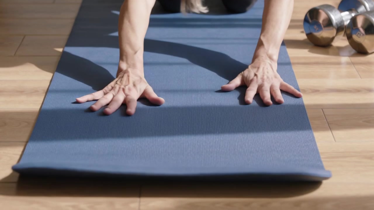 Reaching kneeling woman in workout top smoothing mat at home for exercise with weights and shadows
