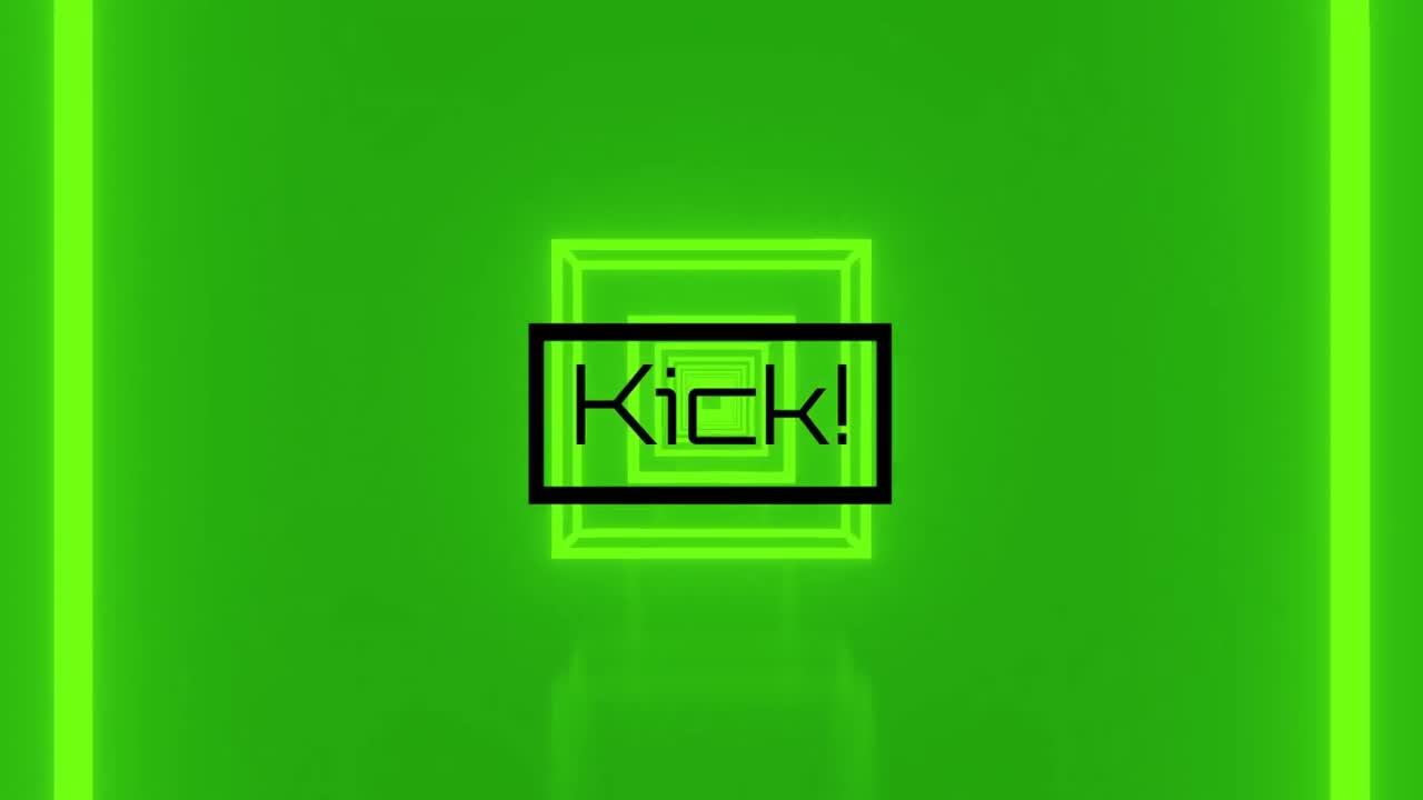 녹색 배경에 키크 텍스트와 사각형의 애니메이션