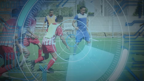 conexiones de microprocesador y escaneo de alcance sobre dos equipos de jugadores de fútbol masculino jugando fútbol