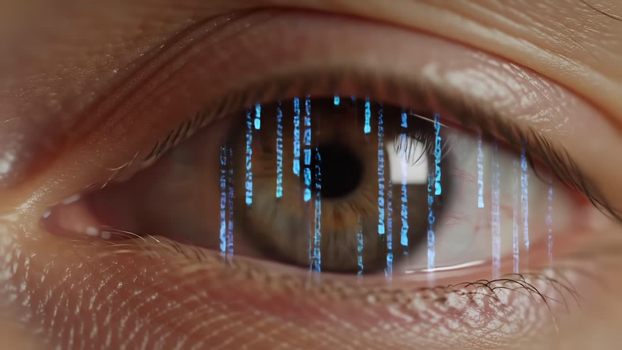 An Intriguing Exploration of the Human Eye, Enhanced with Digital Data Streams Depicting the Connection Between Humanity and Technology