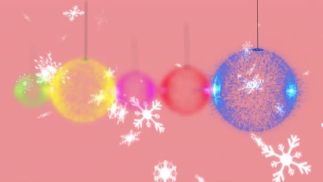 animation of christmas baubles over snow falling on pink background