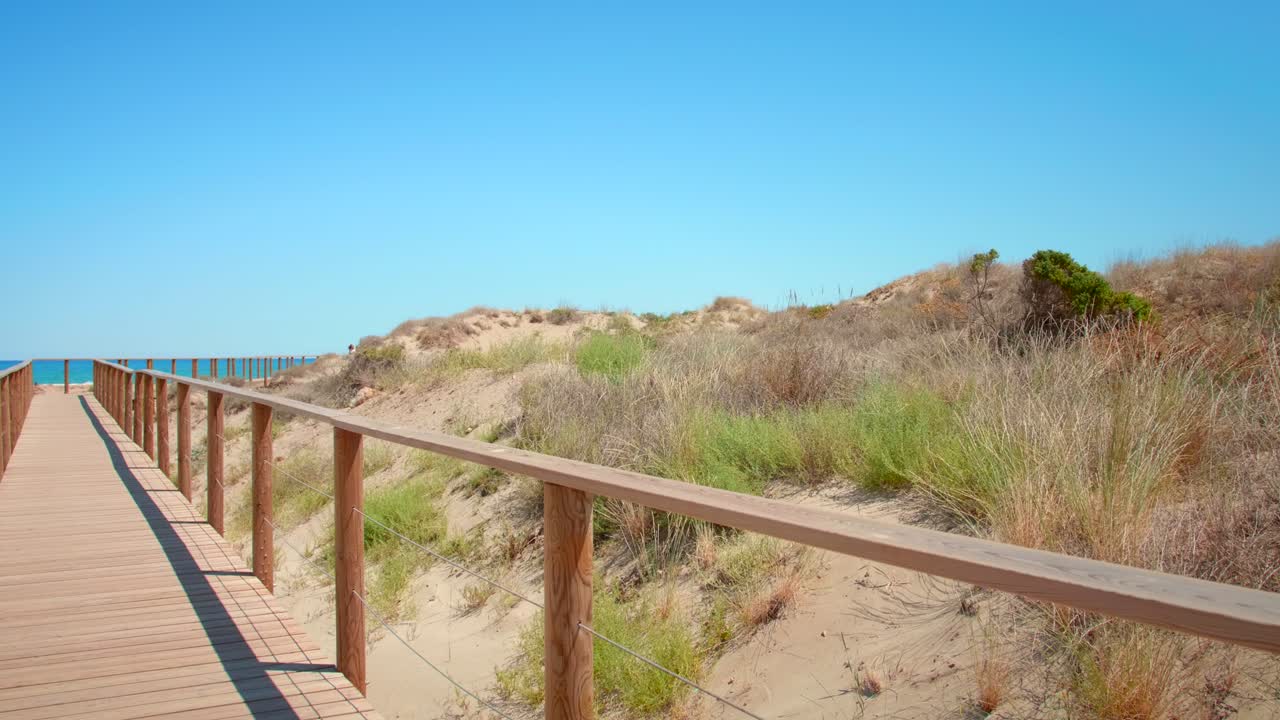 Beachside wooden boardwalk with sandy grassland and blue sky - panning shot