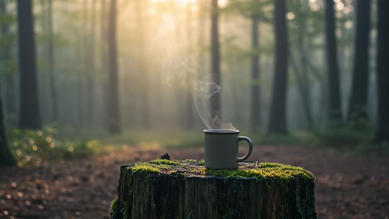 Tranquil Morning in the Woods: A Serene Cup of Coffee on a Mossy Stump Surrounded by Majestic Forest Trees and Soft Morning Light