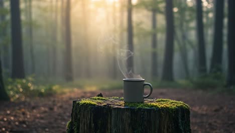 tranquil morning in the woods: a serene cup of coffee on a mossy stump surrounded by majestic forest trees and soft morning light